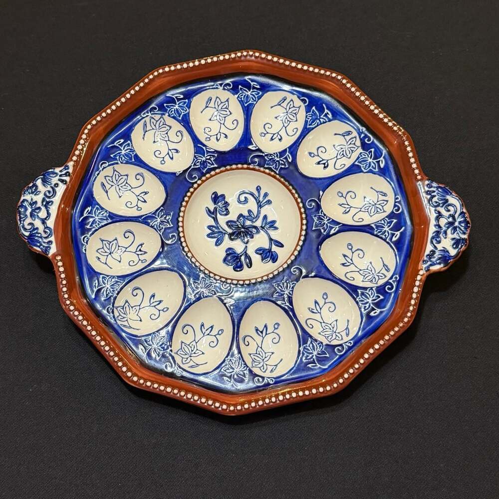 Majolica Ceramic Hand Painted Floral Lace 12 Egg Tray Platter 12”